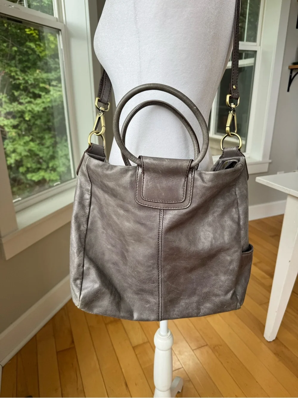 HOBO Taupe Gray Leather Hobo Shoulder Bag with Top Handle and Shoulder Strap